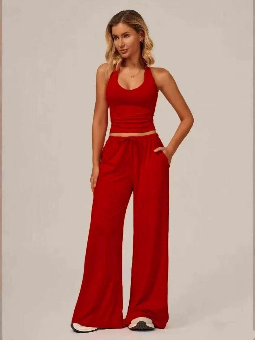 Women's Summer V Neck Top & Wide Leg Pants Set