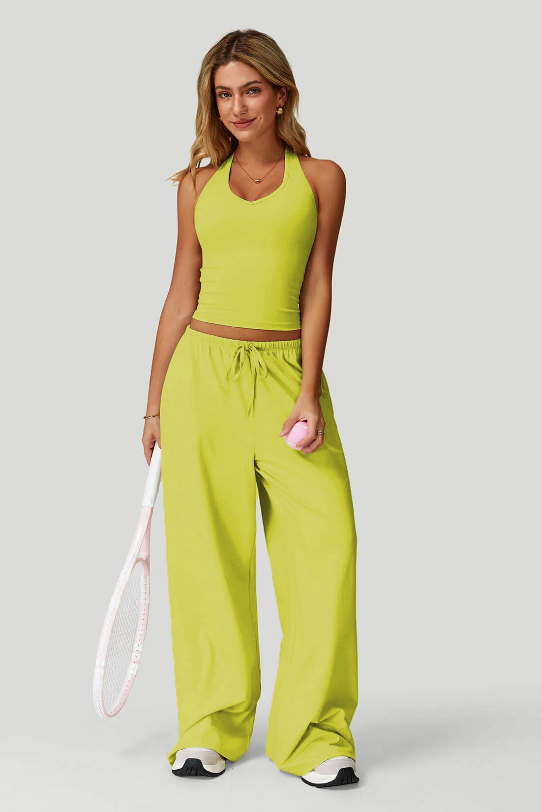 Women's Summer V Neck Top & Wide Leg Pants Set