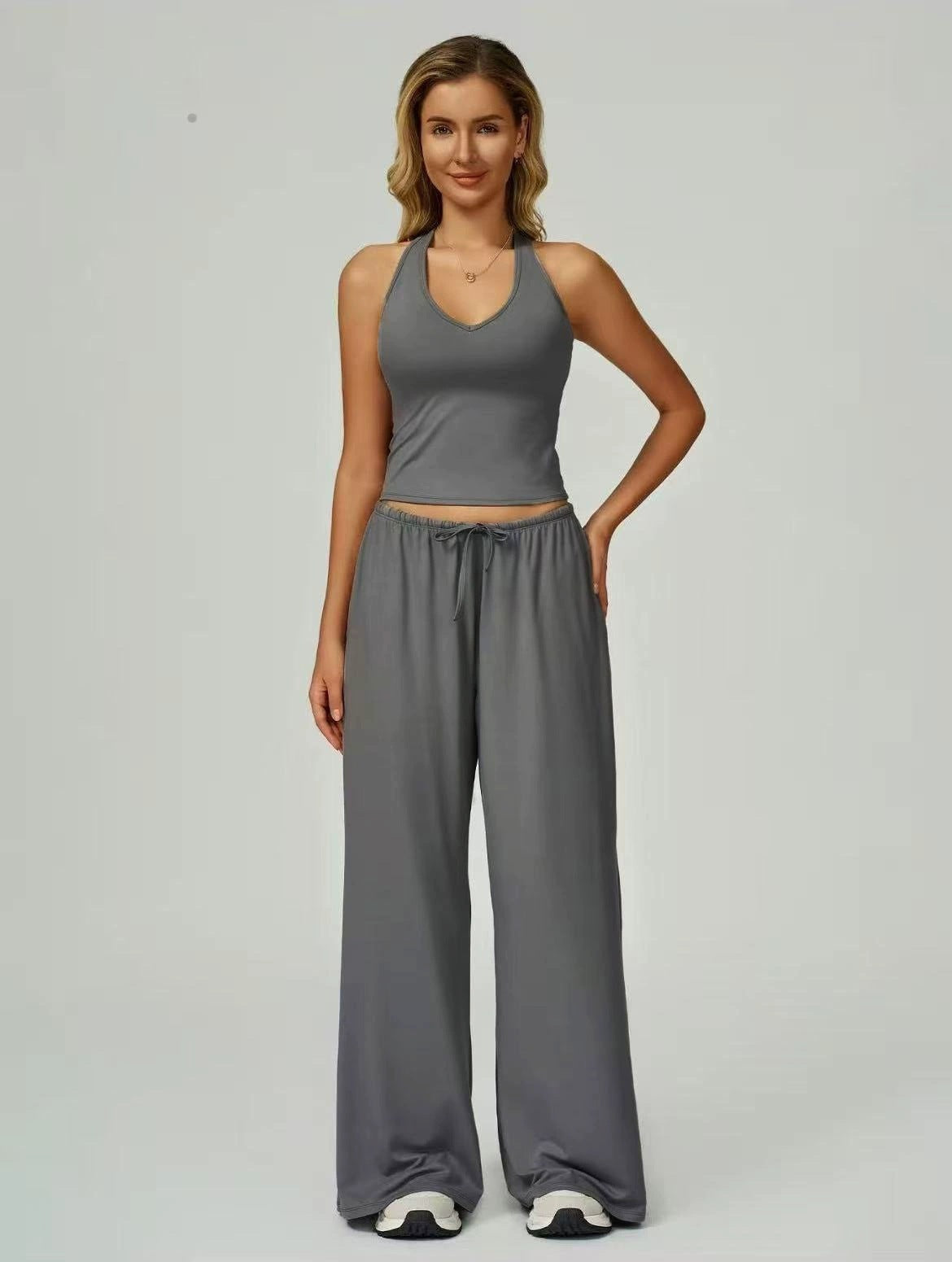Women's Summer V Neck Top & Wide Leg Pants Set