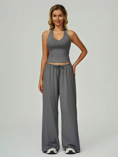Women's Summer V Neck Top & Wide Leg Pants Set