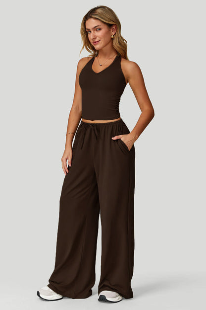Women's Summer V Neck Top & Wide Leg Pants Set