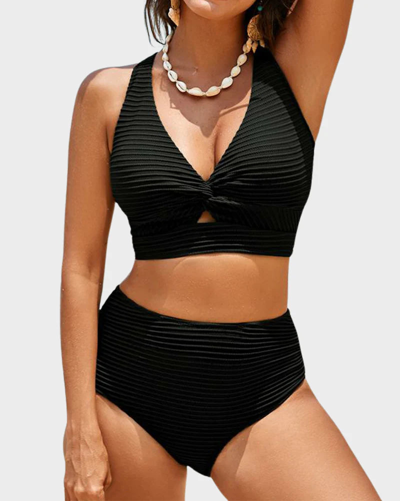 Textured Bikini Set with Twist Front Top & High-Waisted Bottoms