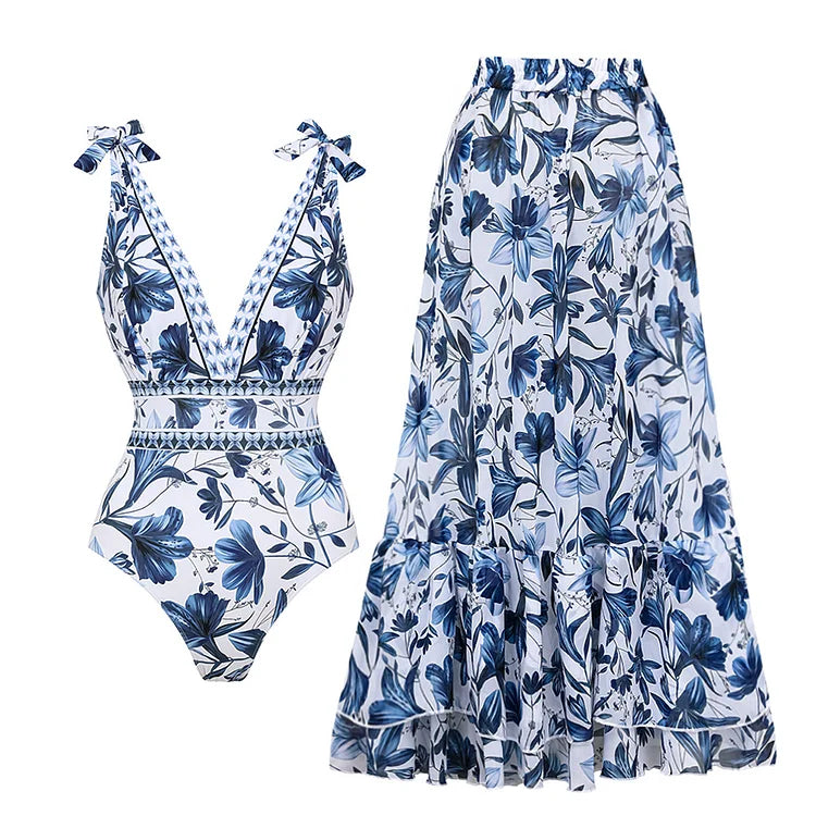 V Neck Lace Up Strip Plant Prints One Piece Swimsuit and Skirt/Sarong