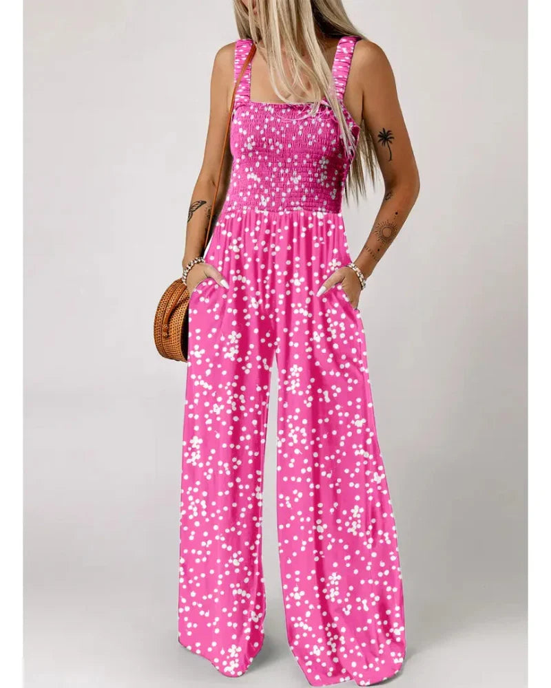 Bohemian Sleeveless Wide Leg Jumpsuit With Pockets