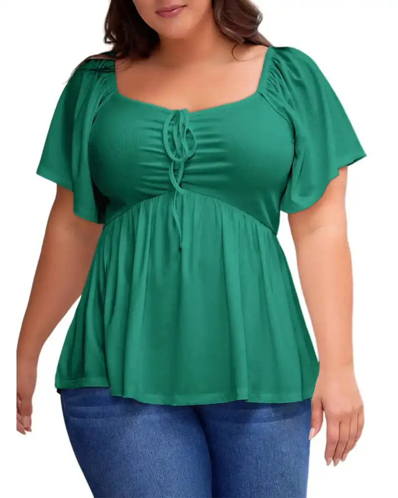 (XL-5XL) Plus Size Square Neck Short Sleeve Shirred Peplum Blouse