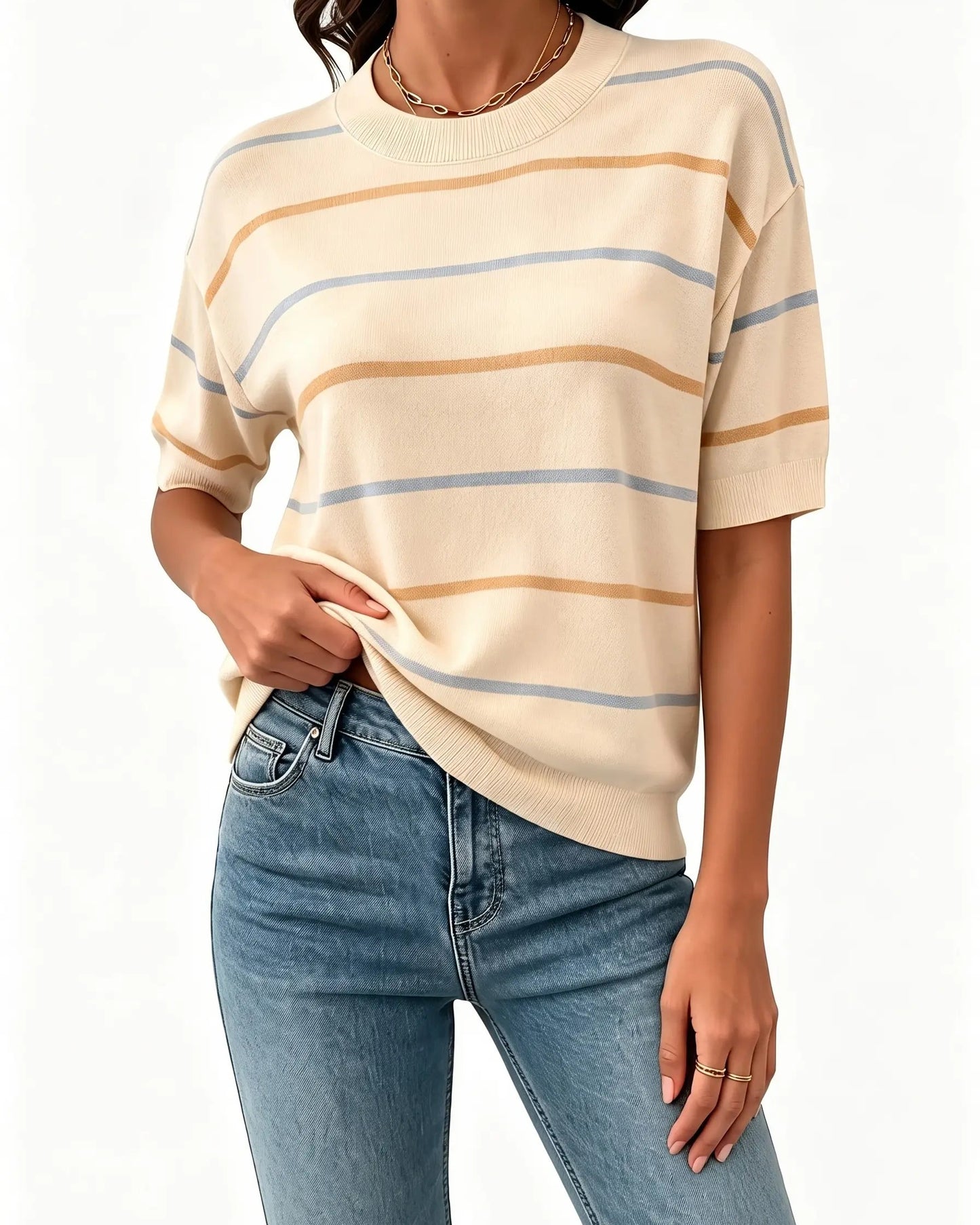 Women's Summer Striped Knit Top Crew Neck Short Sleeve