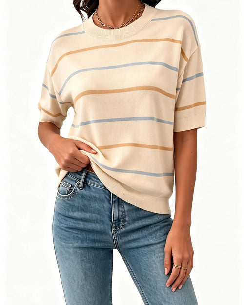 Women's Summer Striped Knit Top Crew Neck Short Sleeve
