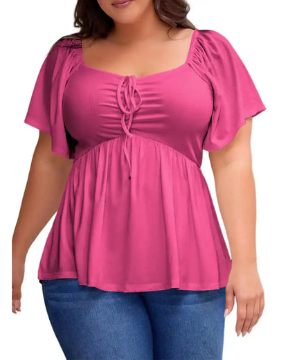 (XL-5XL) Plus Size Square Neck Short Sleeve Shirred Peplum Blouse