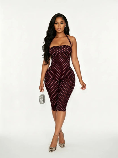 Polka Dot Halter Bodycon Romper – Retro Chic Sleeveless Jumpsuit