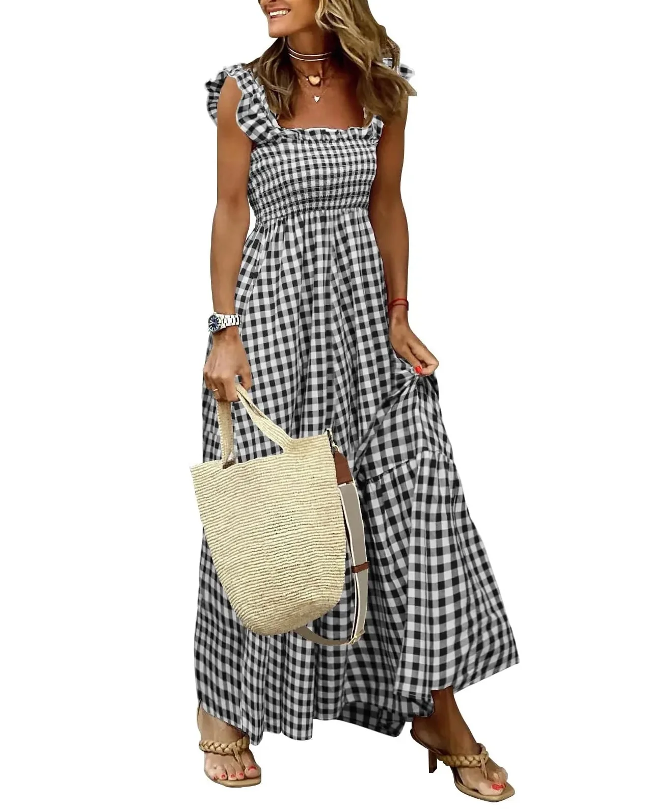 Women's Retro Plaid Smocked Maxi Dress with Pockets - Sleeveless Flowy Casual Dress