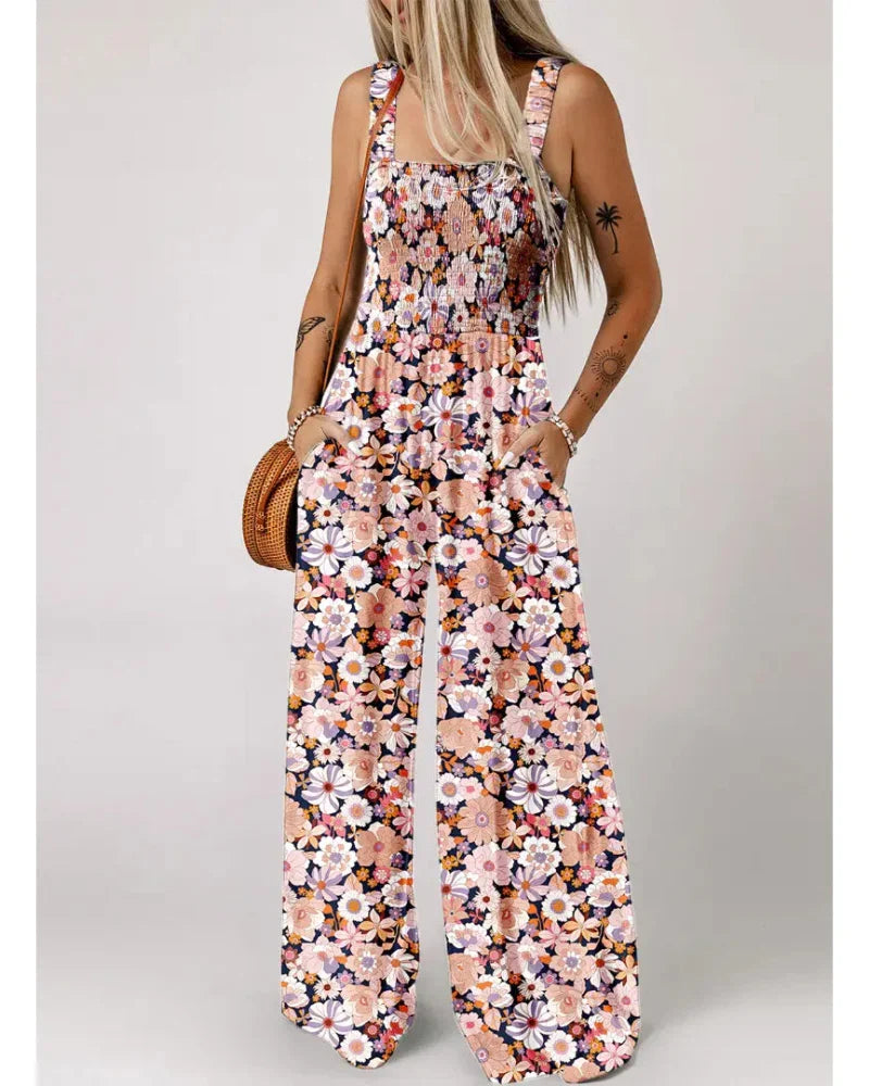 Bohemian Sleeveless Wide Leg Jumpsuit With Pockets