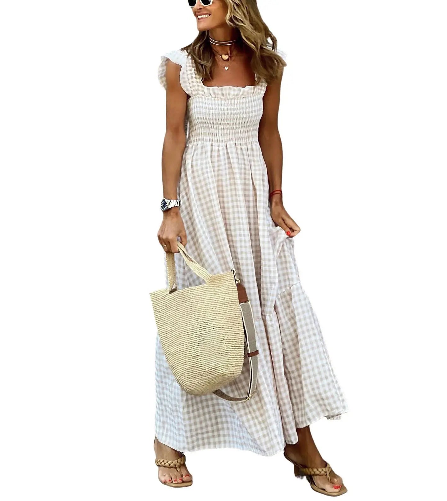 Women's Retro Plaid Smocked Maxi Dress with Pockets - Sleeveless Flowy Casual Dress