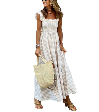 Women's Retro Plaid Smocked Maxi Dress with Pockets - Sleeveless Flowy Casual Dress