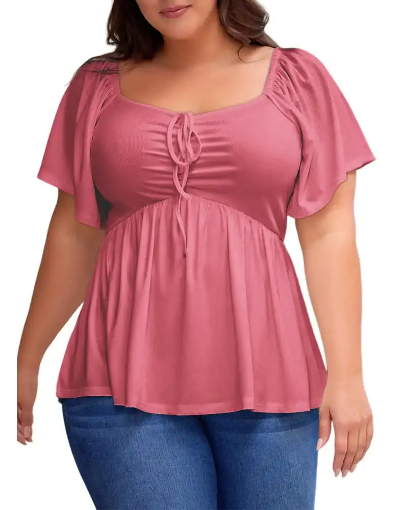 (XL-5XL) Plus Size Square Neck Short Sleeve Shirred Peplum Blouse