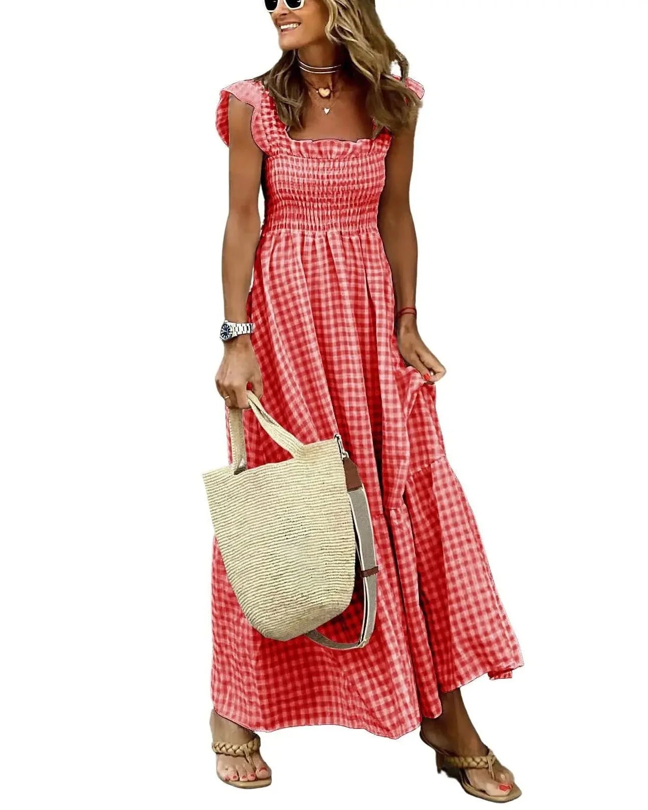 Women's Retro Plaid Smocked Maxi Dress with Pockets - Sleeveless Flowy Casual Dress