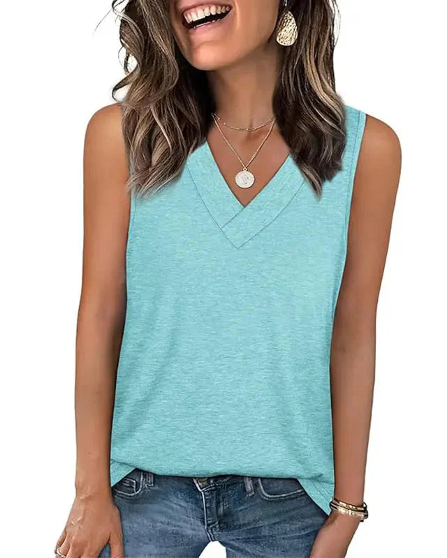 (S - 5XL) Women's V-Neck Tank Top - Loose Fit Summer Basic Tee