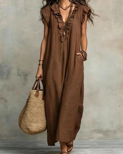 Women’s Boho Sleeveless Ruffle Maxi Dress with Pockets