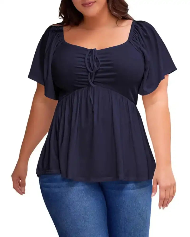 (XL-5XL) Plus Size Square Neck Short Sleeve Shirred Peplum Blouse