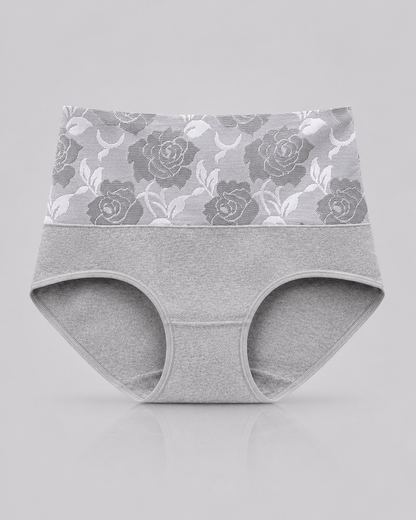 High Waist Cotton Briefs with Soft Floral Lace Waistband