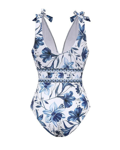 V Neck Blue Print One-Piece Swimsuit and Matching Cover Skirt Set Summer Swimdress