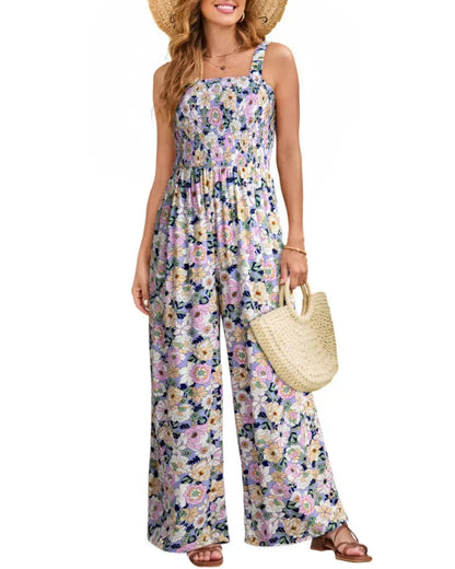 Bohemian Sleeveless Wide Leg Jumpsuit With Pockets