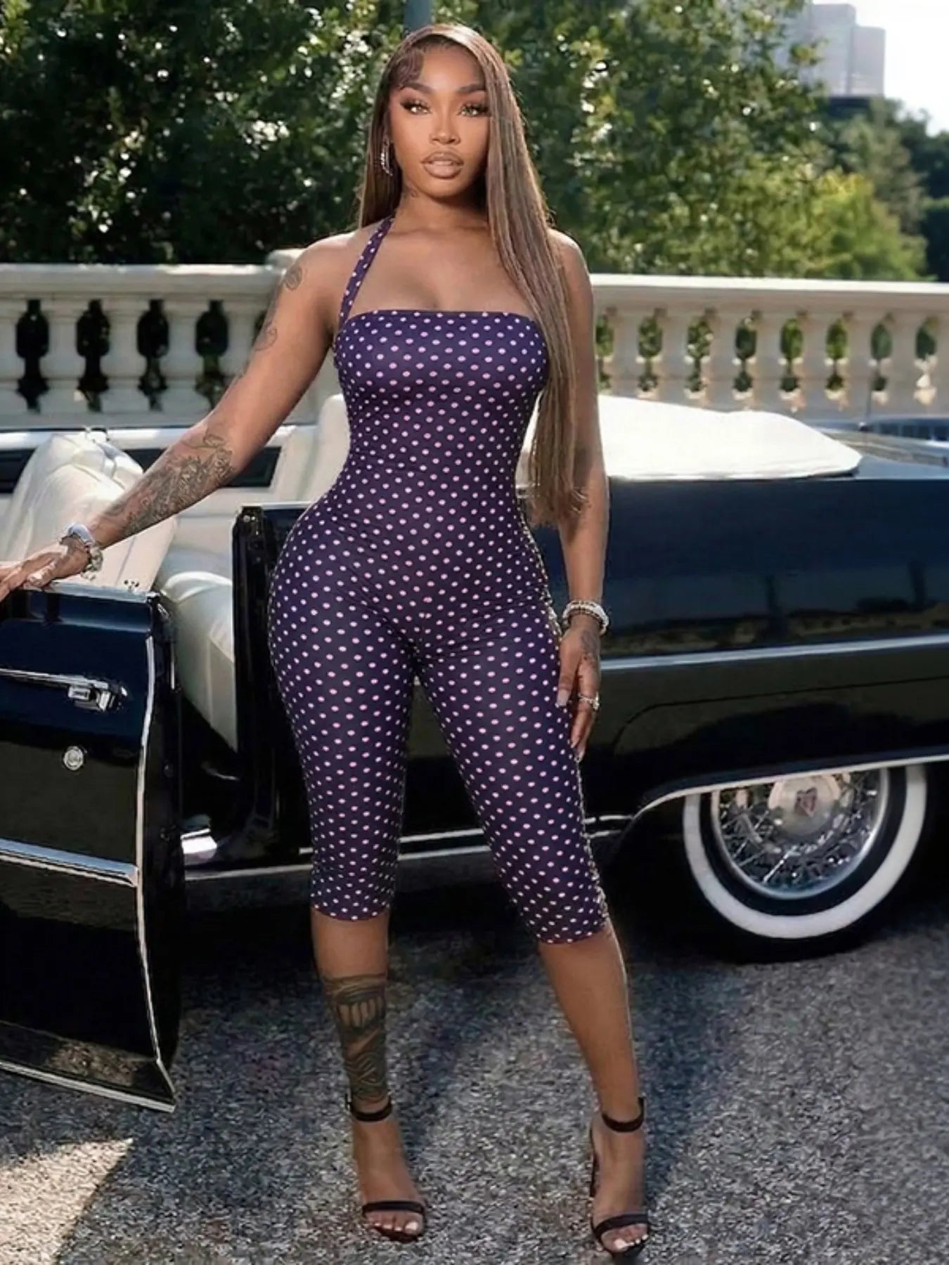 Polka Dot Halter Bodycon Romper – Retro Chic Sleeveless Jumpsuit