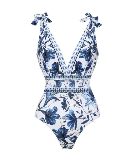 V Neck Blue Print One-Piece Swimsuit and Matching Cover Skirt Set Summer Swimdress