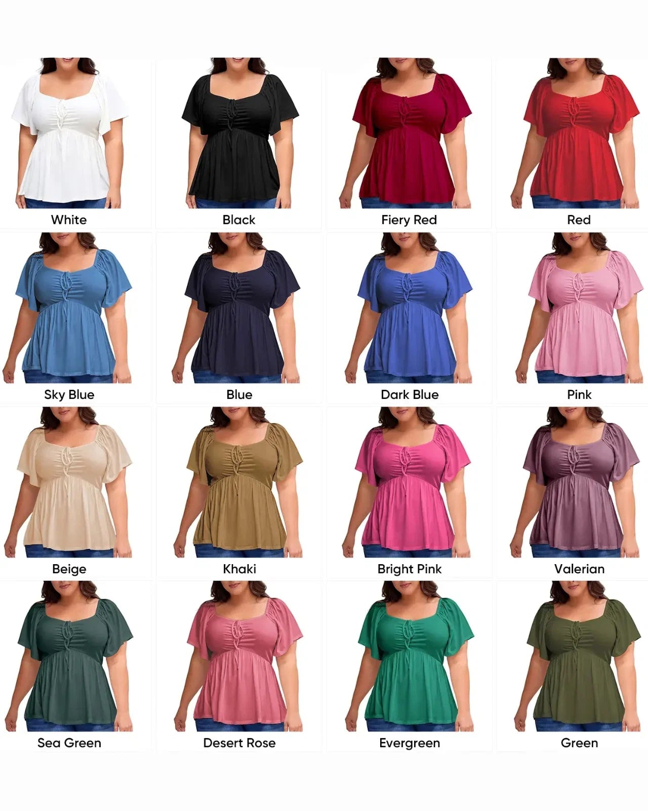 (XL-5XL) Plus Size Square Neck Short Sleeve Shirred Peplum Blouse