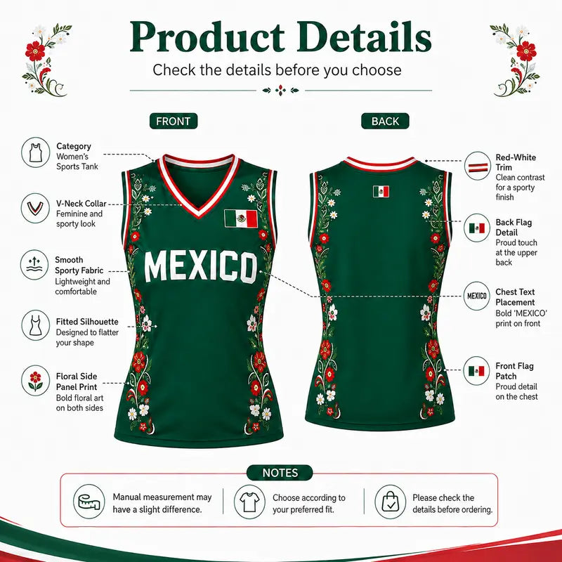 Women Floral Mexico Flag Sleeveless V Neck Soccer Fan Jersey Top