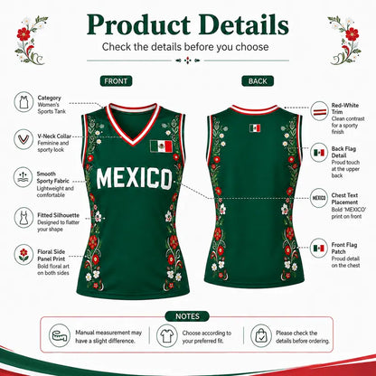 Women Floral Mexico Flag Sleeveless V Neck Soccer Fan Jersey Top