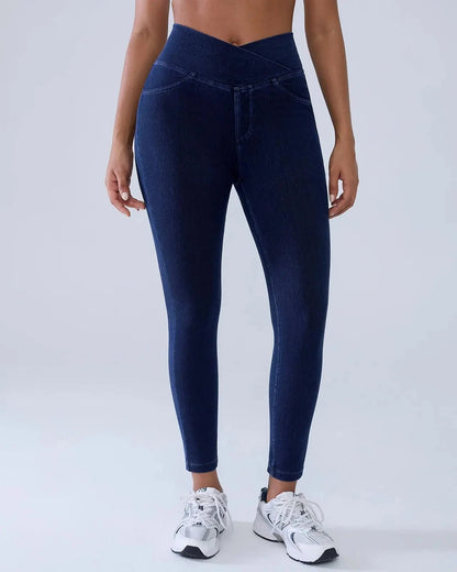 Curvy Fit High Waist Crossover Flare Denim Jeans - Illusion Pocket Stretch