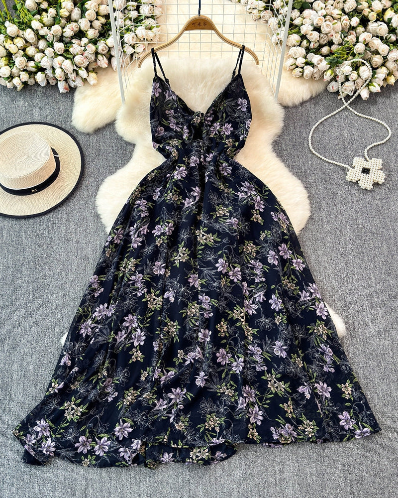 Boho Floral Print Spaghetti Strap A-Line Dress – Summer Beach Vacation Cami Dress
