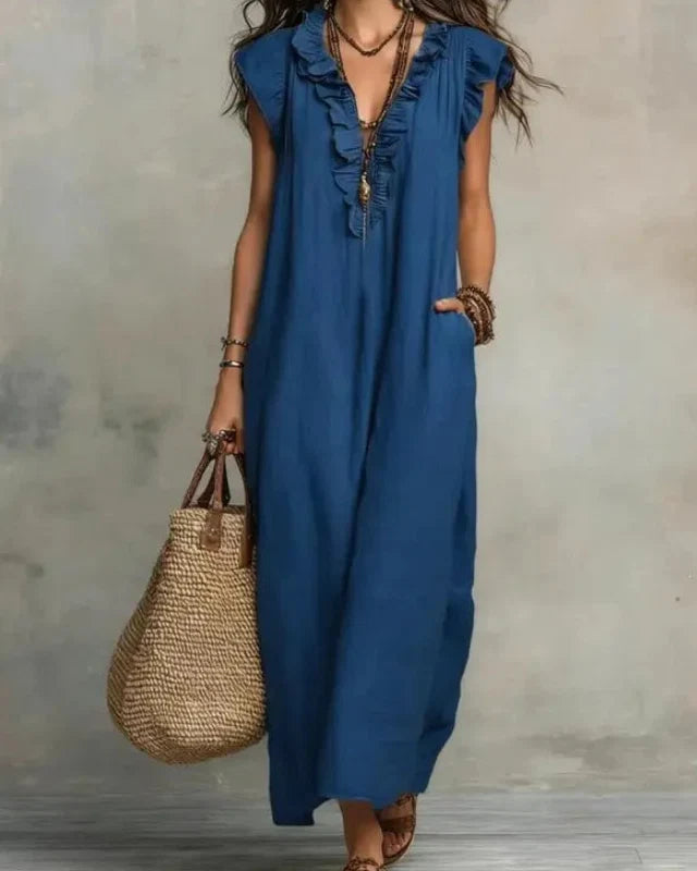 Women’s Boho Sleeveless Ruffle Maxi Dress with Pockets