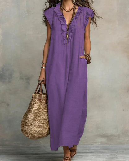 Women’s Boho Sleeveless Ruffle Maxi Dress with Pockets