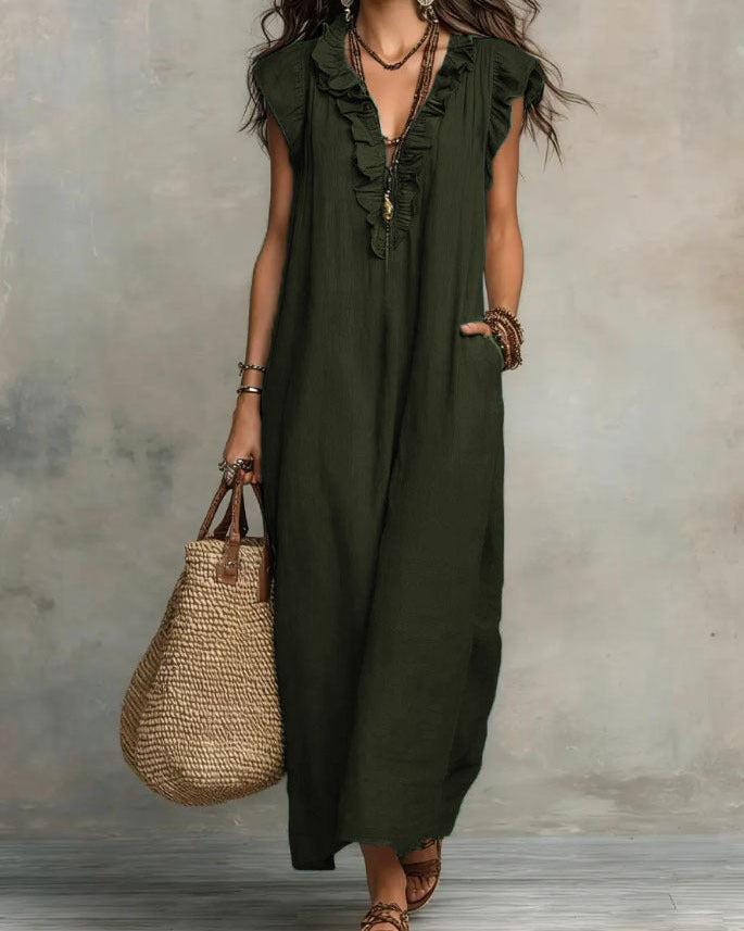 Women’s Boho Sleeveless Ruffle Maxi Dress with Pockets