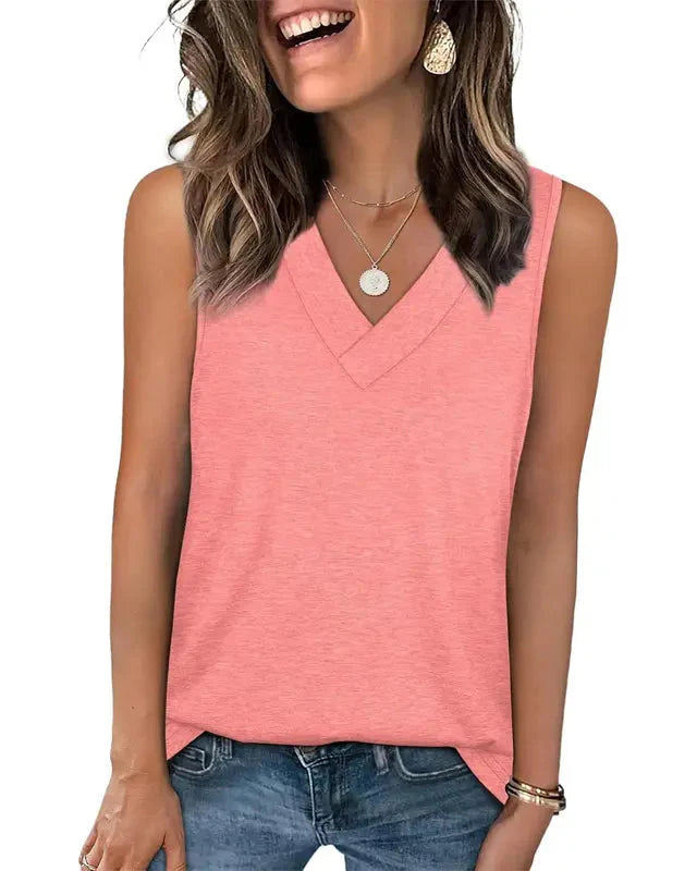 (S - 5XL) Women's V-Neck Tank Top - Loose Fit Summer Basic Tee
