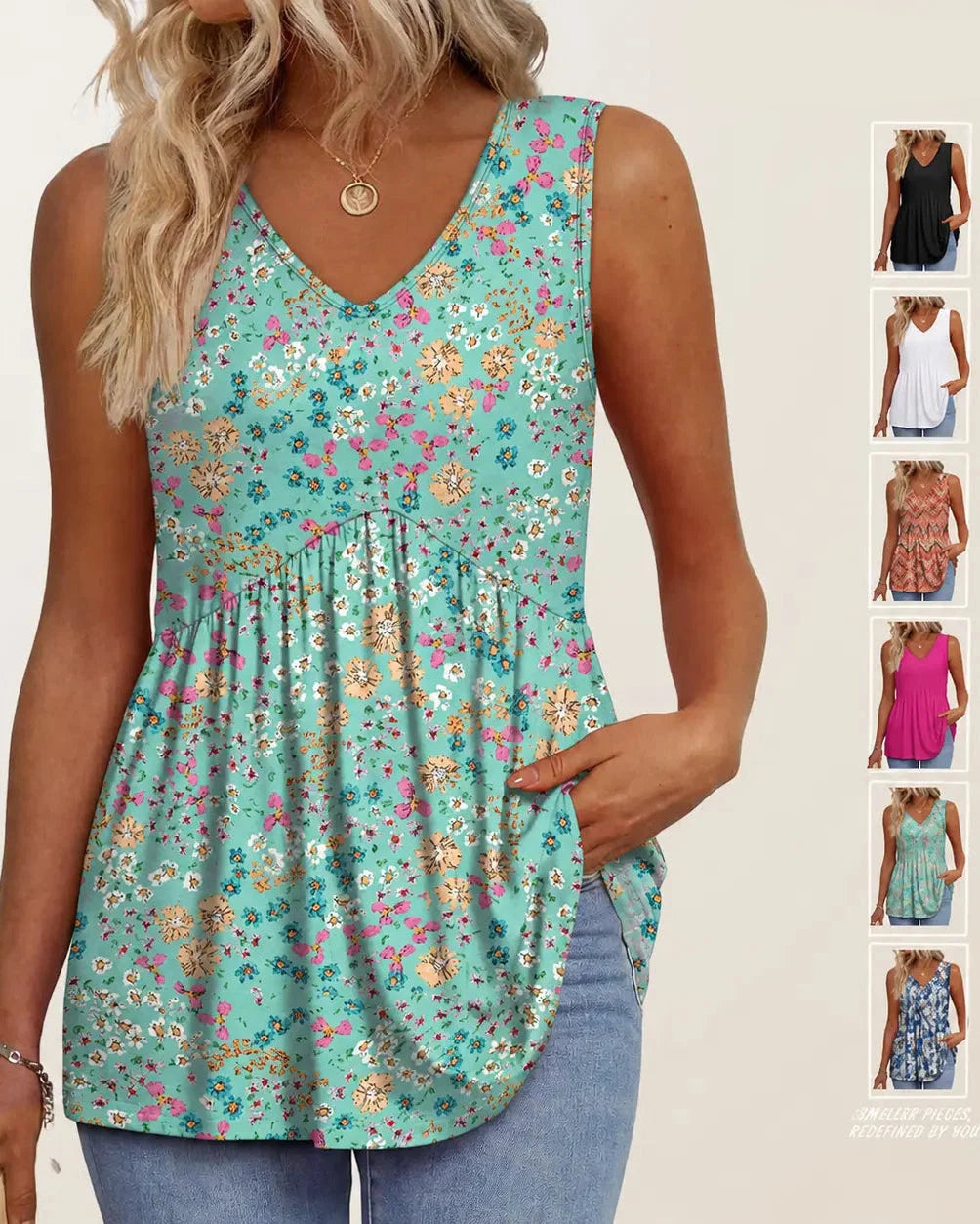 Women's V-Neck Babydoll Tank Tops - Flowy Sleeveless Summer Blouse