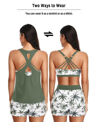 3-Piece Tropical Print Tankini Swimsuit Set with Crossback Top and Drawstring Shorts