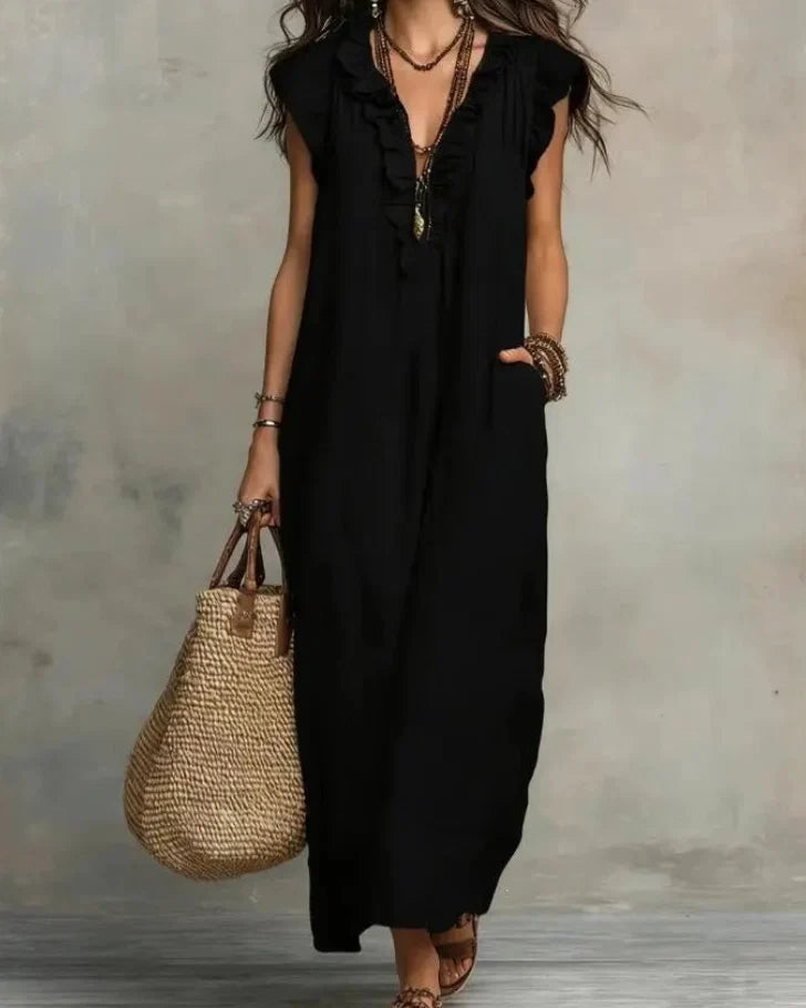 Women’s Boho Sleeveless Ruffle Maxi Dress with Pockets