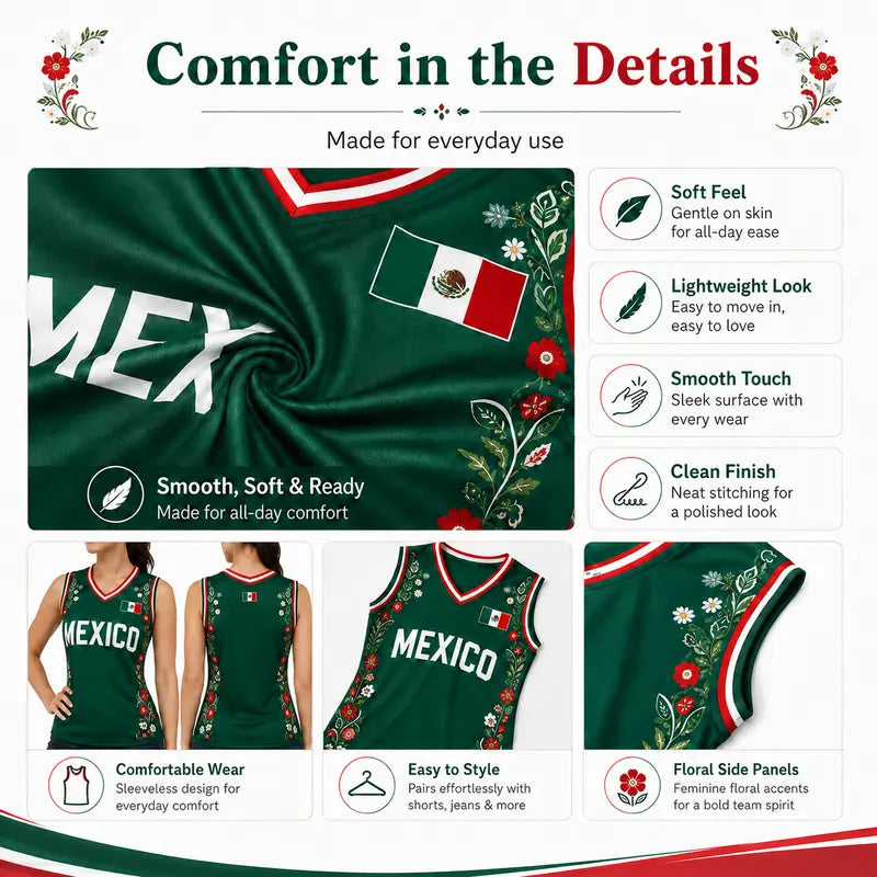 Women Floral Mexico Flag Sleeveless V Neck Soccer Fan Jersey Top
