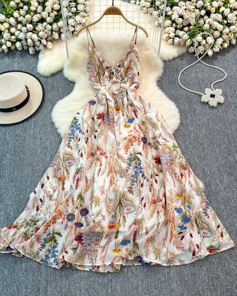Boho Floral Print Spaghetti Strap A-Line Dress – Summer Beach Vacation Cami Dress