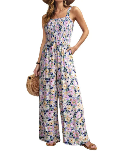 Bohemian Sleeveless Wide Leg Jumpsuit With Pockets