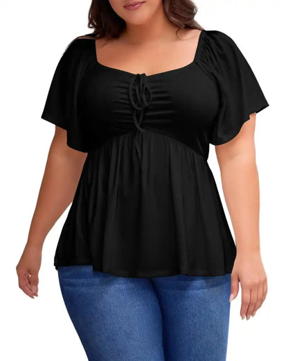 (XL-5XL) Plus Size Square Neck Short Sleeve Shirred Peplum Blouse