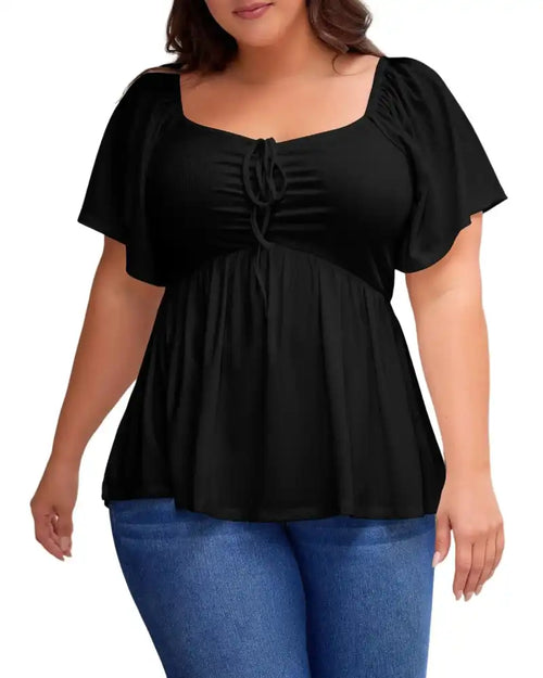 (XL-5XL) Plus Size Square Neck Short Sleeve Shirred Peplum Blouse