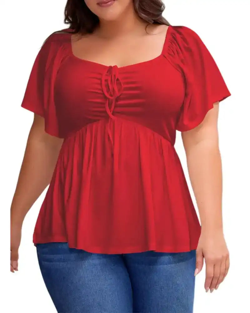 (XL-5XL) Plus Size Square Neck Short Sleeve Shirred Peplum Blouse