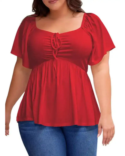 (XL-5XL) Plus Size Square Neck Short Sleeve Shirred Peplum Blouse