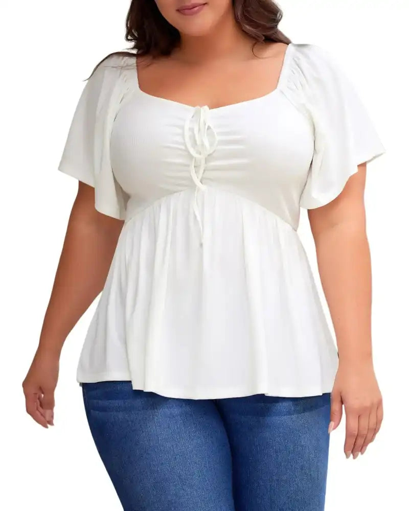 (XL-5XL) Plus Size Square Neck Short Sleeve Shirred Peplum Blouse