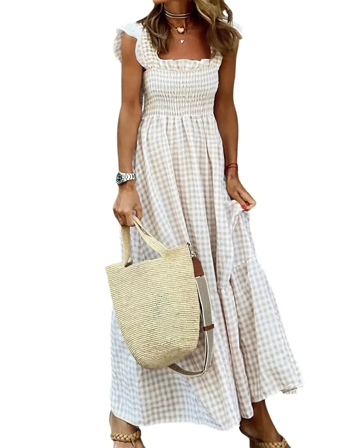 Women's Retro Plaid Smocked Maxi Dress with Pockets - Sleeveless Flowy Casual Dress