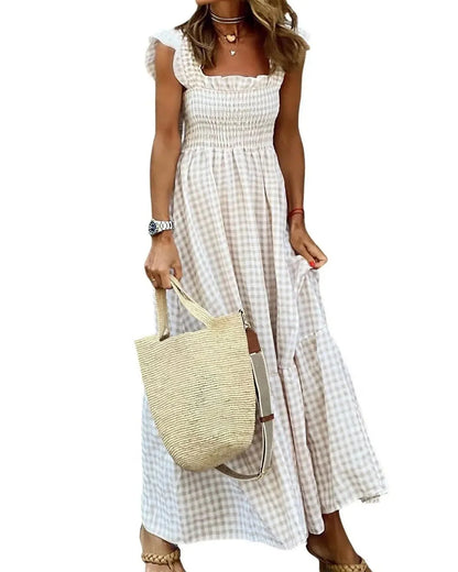 Women's Retro Plaid Smocked Maxi Dress with Pockets - Sleeveless Flowy Casual Dress
