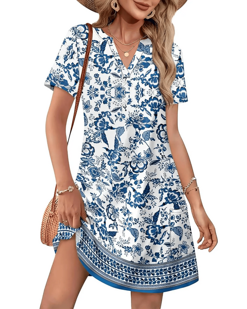 Women’s Casual V-Neck Summer Dress – Short Sleeve Beach & Vacation